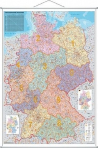 Nyomtatványok Stiefel Wandkarte Kleinformat Deutschland, Postleitzahlenkarte, mit Metallstäben 