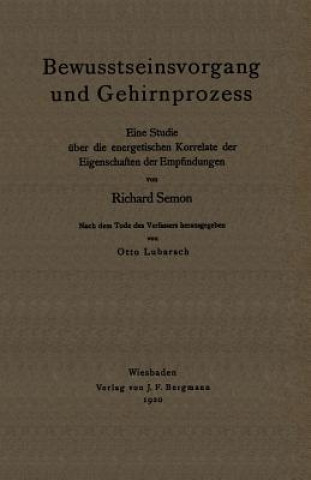 Libro Bewusstseinsvorgang Und Gehirnprozess Richard Semon