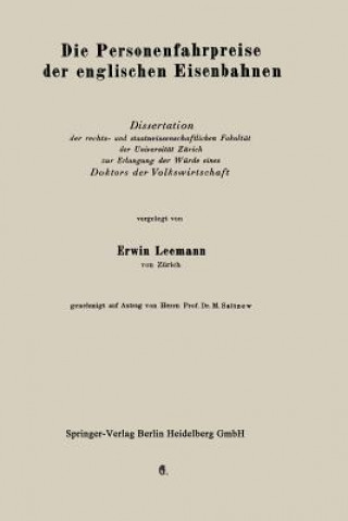 Knjiga Die Personenfahrpreise Der Englischen Eisenbahnen Erich Leemann