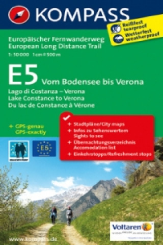 Nyomtatványok KOMPASS Wander-Tourenkarte Europäischer Fernwanderweg E5 Vom Bodensee bis Verona 1:50.000. E5, Lago di Costanza - Verona / E5, Lake Constance to Veron 