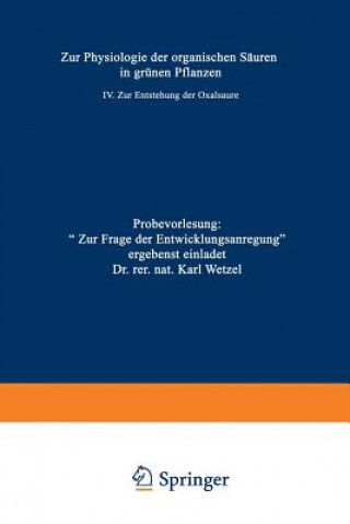 Carte Zur Physiologie Der Organischen Sauren in Grunen Pflanzen Karl Wetzel