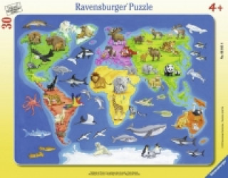 Játék Ravensburger Kinderpuzzle - 06641 Weltkarte mit Tieren - Rahmenpuzzle für Kinder ab 4 Jahren, mit 30 Teilen 