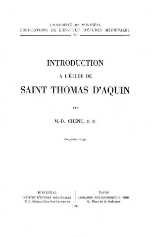 Carte Introduction A L'Etude de Saint Thomas D'Aquin Marie-Dominique Chenu