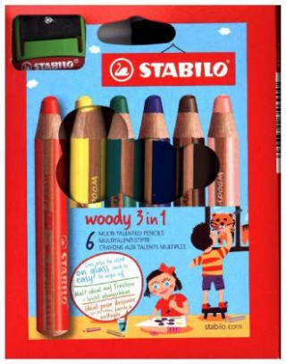 Joc / Jucărie Buntstift, Wasserfarbe & Wachsmalkreide - STABILO woody 3 in 1 - 6er Pack mit Spitzer - mit 6 verschiedenen Farben 