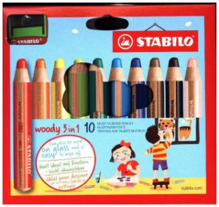 Hra/Hračka Buntstift, Wasserfarbe & Wachsmalkreide - STABILO woody 3 in 1 - 10er Pack mit Spitzer - mit 10 verschiedenen Farben 