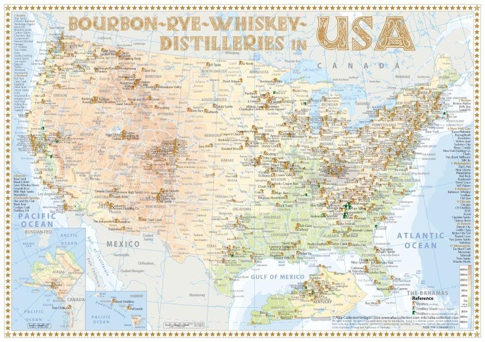 Nyomtatványok Bourbon-Rye-Whiskey Distilleries in USA - Tasting Map 34x24cm Rüdiger Jörg Hirst