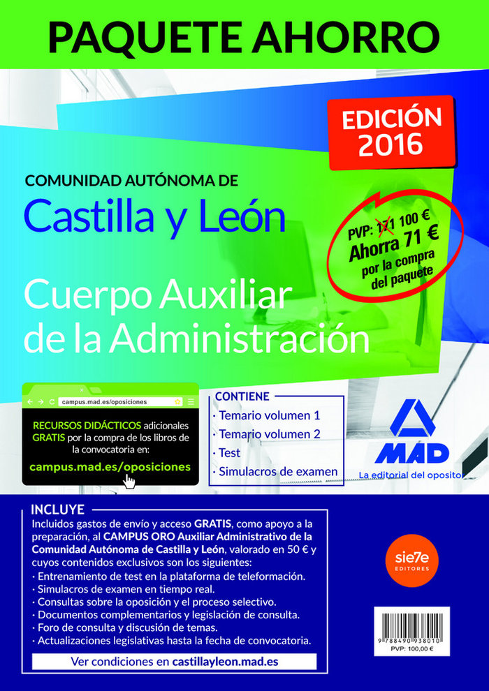 Carte Paquete Ahorro Auxiliar Administrativo de la Comunidad Autónoma de Castilla y León. Ahorra 71 (incluye Temario vol I y II, Test, Simulacros y acceso a 
