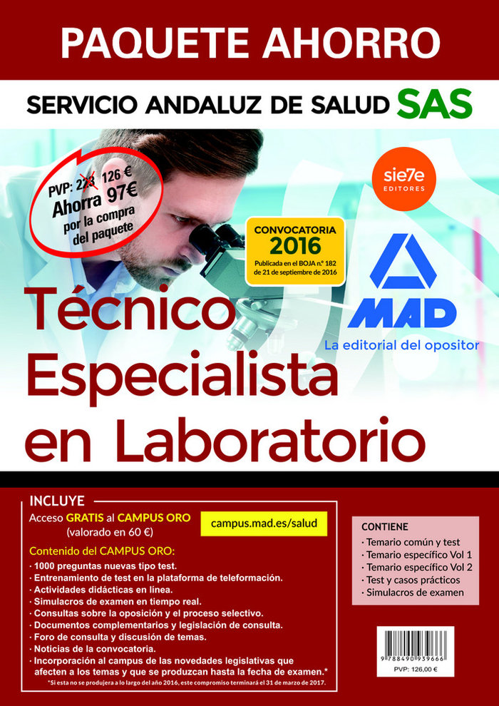 Kniha Paquete Ahorro Técnico Especialista en Laboratorio del Servicio Andaluz de Salud. Ahorro de 97 (Temario común y test; Temario específico vol 1 y 2; Te 