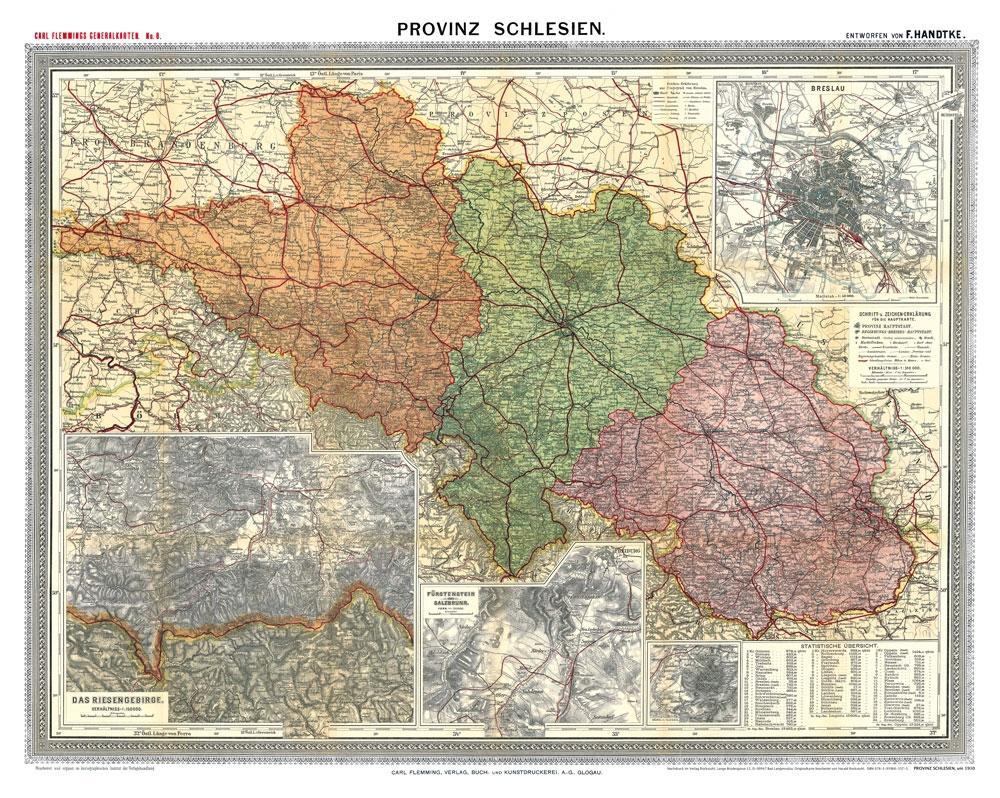 Nyomtatványok Historische Karte: Provinz SCHLESIEN im Deutschen Reich - um 1910 [gerollt] Friedrich Handtke