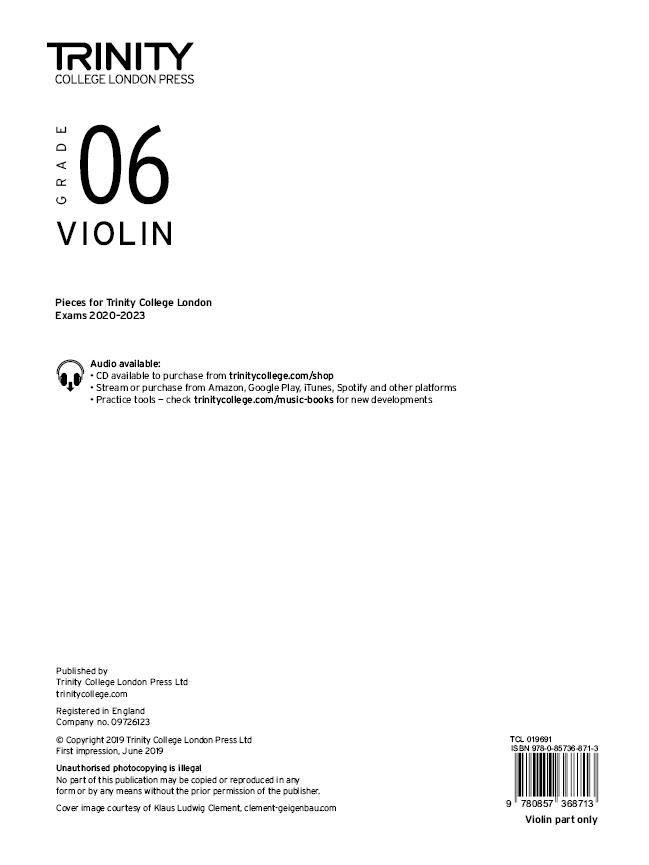 Tiskovina Trinity College London Violin Exam Pieces 2020-2023: Grade 6 (part only) TRIN COLLEGE LONDON