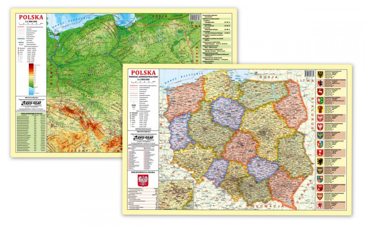 Tiskovina Polska fizyczno-administracyjna mapa - podkładka na biurko 