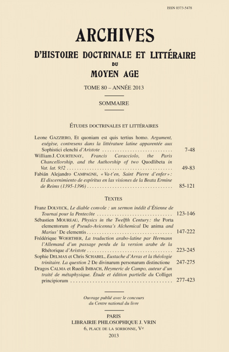 Carte Archives d'Histoire Litteraire Et Doctrinale Du Moyen-Age LXXX - 2013 Librairie Philosophique J. Vrin
