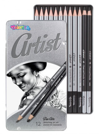 Stationery items Artist kreslířská sada grafitových tužek a uhlů, kulaté, kovový box 