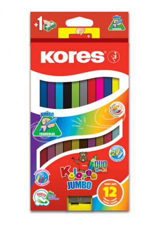 Artykuły papiernicze Kores Jumbo DUO trojhranné pastelky 5 mm s ořezávátkem 12 barev + 2 metalické barvy 