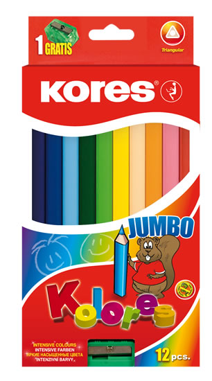 Kniha Kores Jumbo trojhranné pastelky 5 mm s ořezávátkem 12 barev 