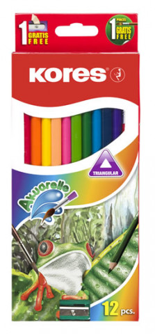 Articole de papetărie Kores Akvarelové pastelky trojhranné 3 mm 12 barev s ořezávátkem a štětcem 