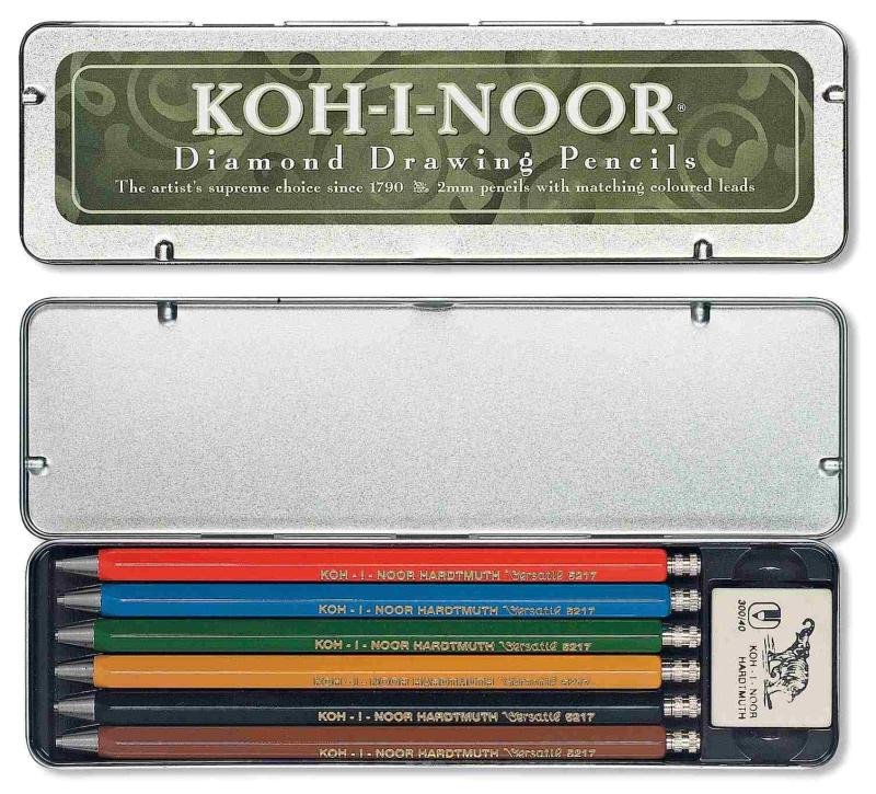 Papírenské zboží Koh-i-noor tužka mechanické/Versatil souprava 6 ks s gumou v plechové krabičce 