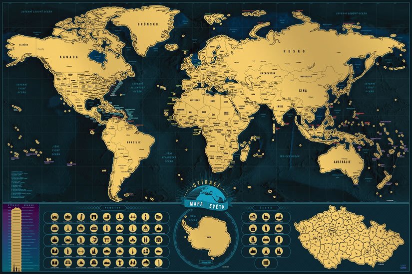 Nyomtatványok Stírací mapa Světa Česká verze – zlatá Deluxe XL 