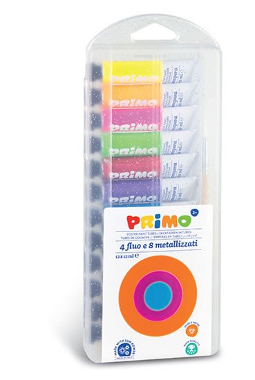 Papírszerek PRIMO temperové barvy metalické + fluo 12 x 12 ml 