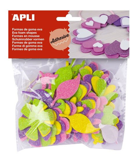 Artykuły papiernicze APLI pěnovka tvary - květiny se třpytkami samolepicí -mix velikostí, barev 48 ks 