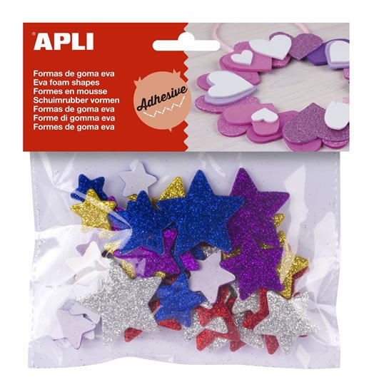 Papírenské zboží APLI pěnovka tvary - hvězdy se třpytkami samolepicí, mix velikostí, barev 50 ks 