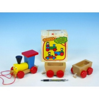 Hra/Hračka Vlak + 2 vagónky tahací dřevo v krabičce 