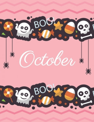 Książka October: Boo boo Halloween pink cover and dotted pages, Extra large (8.5 x 11) inches, 110 pages, White paper J. Jamue