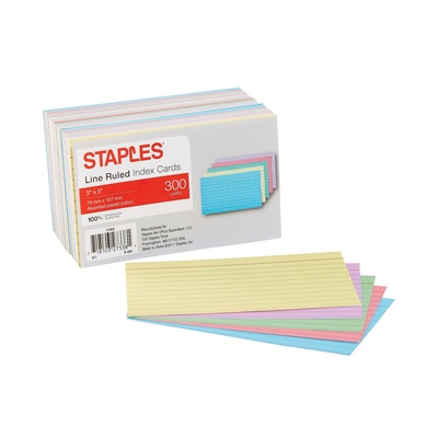 Artykuły papiernicze Staples Ruled 3 X 5 Index Cards, Assorted Pastel, 300/Pack Staples