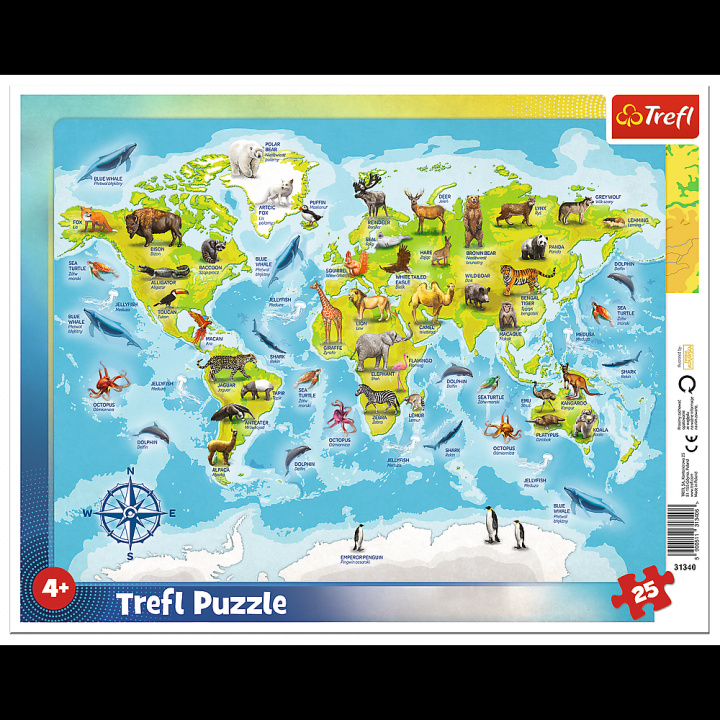 Játék Puzzle Mapa světa se zvířátky 