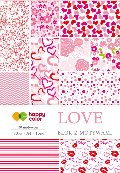 Papírenské zboží Blok Happy Color z motywami LOVE A4 15 arkuszy 80g/m2, 30 motywów 