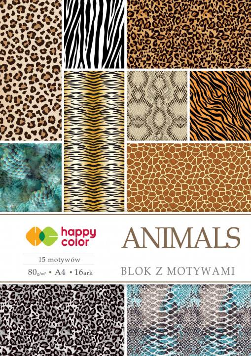 Kniha Blok Happy Color z motywami ANIMALS A4 15+1 arkuszy 80g/m2, 15 motywów 