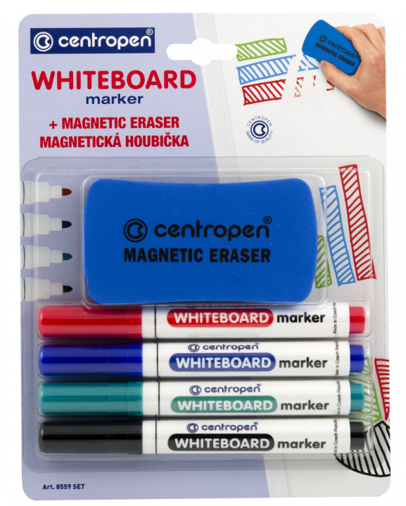 Papierenský tovar Marker suchościeralny Centropen Whiteboard marker 8559 4 kolory + gąbka magnetyczna 