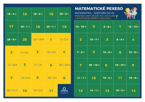 Tiskovina Pexeso Matematika Odečítání v oboru do 20 Mgr. PhDr.