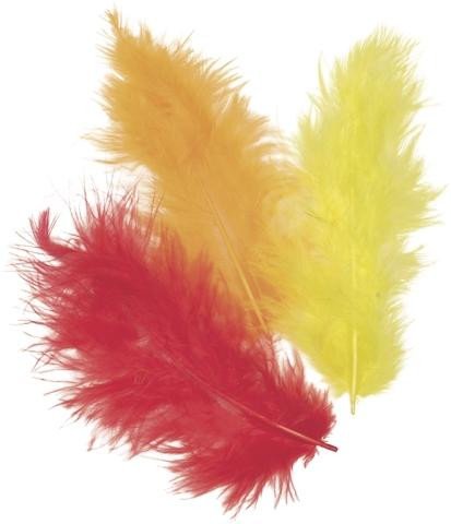 Játék Dekorativní peříčka Marabu mix - červená, žlutá, oranžová 15 ks / 10 cm 