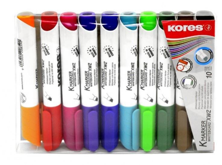 Papírenské zboží Kores Permanentní popisovač K-MARKER na bílé tabule, zkosený hrot 3-5 mm, mix 10 barev (černá, červená, zelená, modrá, růžová, tyrkysová, oranžová, hn 