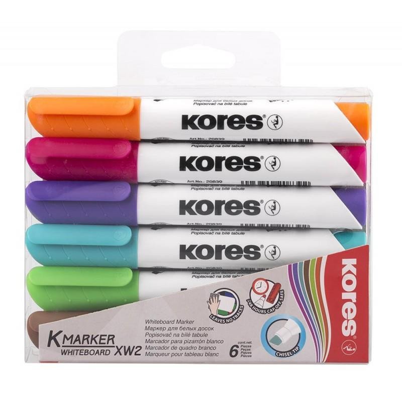 Papírenské zboží Kores Permanentní popisovač K-MARKER na bílé tabule, zkosený hrot 3-5 mm, mix 6 barev (růžová, tyrkysová, oranžová, hnědá, fialová, světle zelená) 
