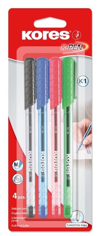 Papírszerek Kores Kuličkové pero K1 Pen Super Slide 1 mm - sada 4 barev (modrá, černá, červená, zelená) 