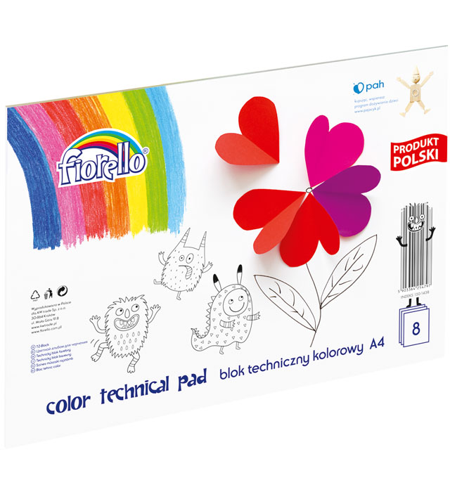 Carte Blok techniczny kolorowy Fiorello A4 8 kartek 
