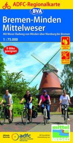 Tlačovina ADFC-Regionalkarte Bremen-Minden Mittelweser, 1:75.000, mit Tagestourenvorschlägen, reiß- und wetterfest, E-Bike-geeignet, GPS-Tracks Download 