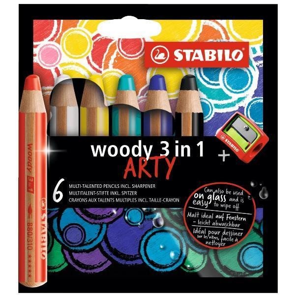 Stationery items Pastelky STABILO Woody 3in1, sada 6 ks v pouzdru s ořezávátkem "ARTY" 