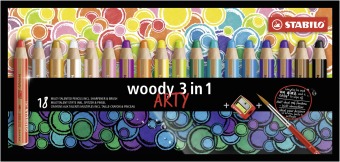 Papírszerek Pastelky STABILO Woody 3in1, sada 18 ks v pouzdru s ořezávátkem a štětcem "ARTY" 