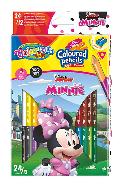 Papírszerek Kredki ołówkowe trójkątne Colorino Kids 24 kolorów 12 sztuk z temperówką Minnie 