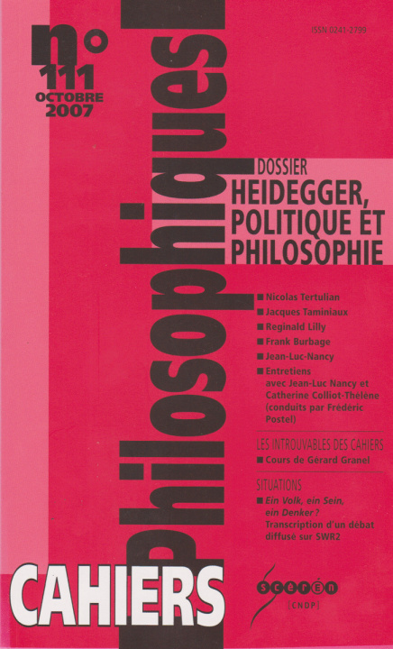 Könyv CAHIERS PHILOSOPHIQUES, N. 111 (3/2007)  HEIDEGGER, POLITIQUE ET PHILOSOPHIE 