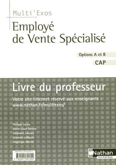 Book EMPLOYE DE VENTE SPECIALISE OPTIONS A ET B CAP PROFESSEUR (MULTI'EXOS) 2008 Philippe Lieury