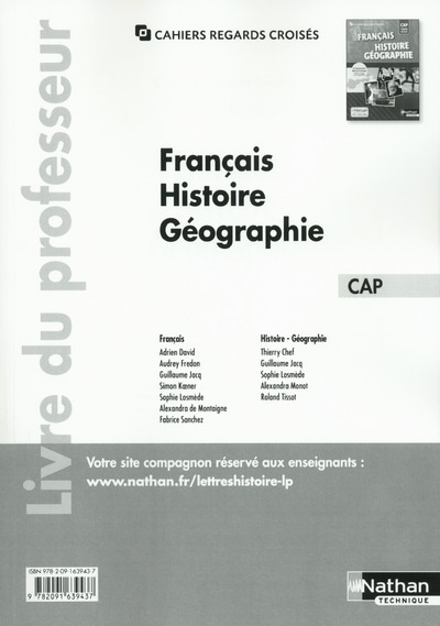 Livre Français Histoire-Géographie Tome unique CAP Cahiers regards croisés CAP Livre du professeur 