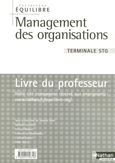 Könyv MANAGEMENT DES ORGANISATIONS TERM STG EQUILIBRE LIVRE DU PROFESSEUR 2006 Nathalie Lucchnini