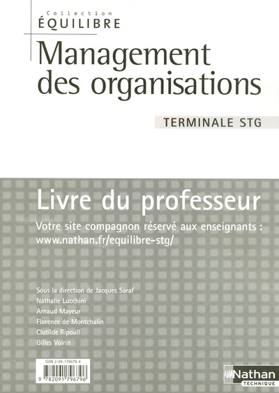 Book MANAGEMENT DES ORGANISATIONS TERM STG EQUILIBRE LIVRE DU PROFESSEUR 2006 Nathalie Lucchnini