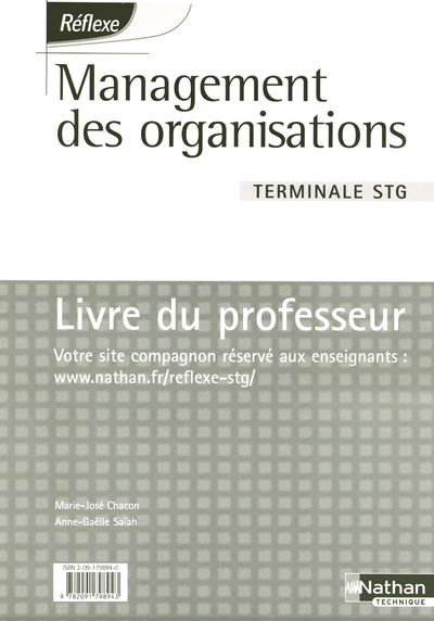 Knjiga MANAGEMENT DES ORGANISATIONS TERMINALE STG REFLEXE LIVRE DU PROFESSEUR Marie-José Chacon