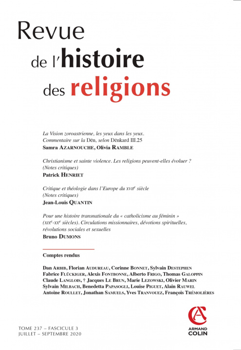 Carte Revue de l'histoire des religions - Nº3/2020 - Varia 
