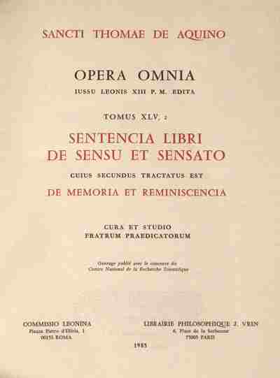 Книга Sententia libri De sensu (De memoria) T2 Thomas d'Aquin